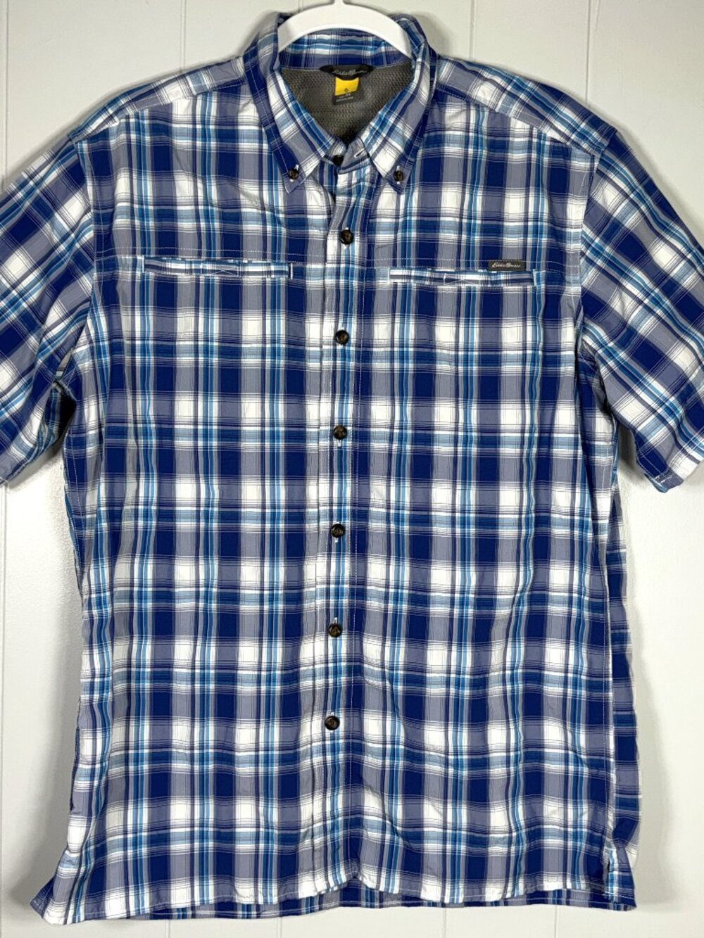Eddie Bauer Travex Blue Plaid Button-Down Hiking Outdoor Travel Nylon Shirt M